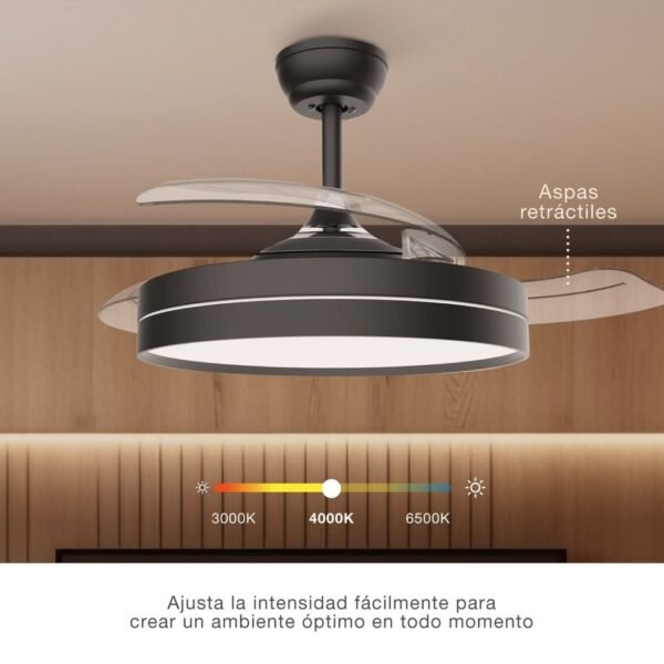 Ventilador techo Lugela con luz CCT regulable y mando Ø107 3 aspas retráctiless DC Negro - Imagen 4