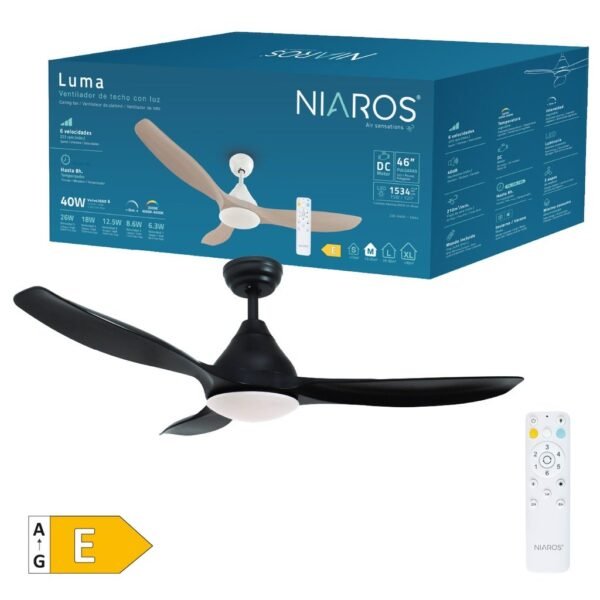 Ventilador techo Luma con luz CCT regulable y mando Ø117 3 aspas DC Negro - Imagen 2