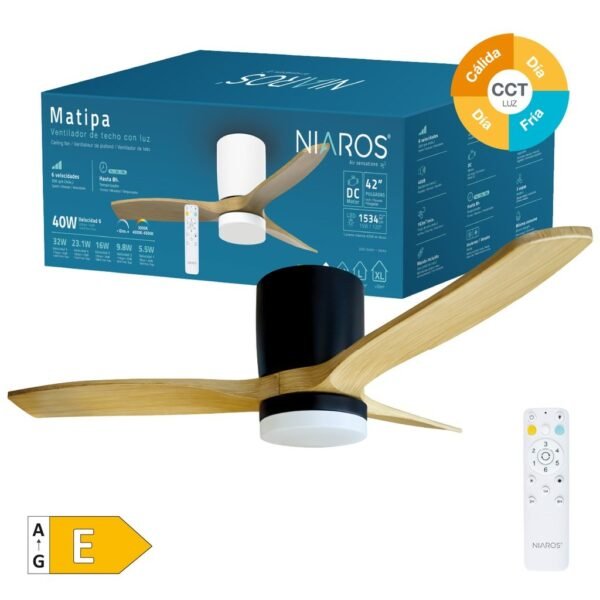 Ventilador techo Matipa con luz CCT regulable y mando Ø106 3 aspas DC Negro - Imagen 2
