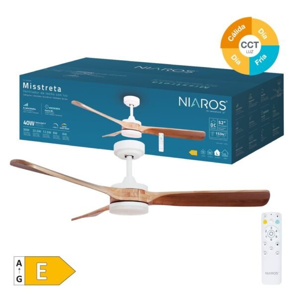 Ventilador techo Misstreta con luz CCT regulable y mando Ø132 3 aspas DC Blanco - Imagen 2
