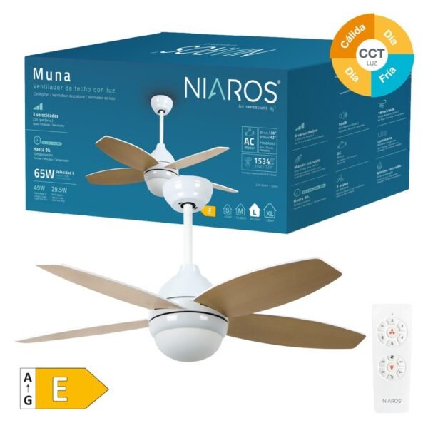 Ventilador techo Muna con luz CCT regulable y mando Ø106 4 aspas Blanco - Imagen 2