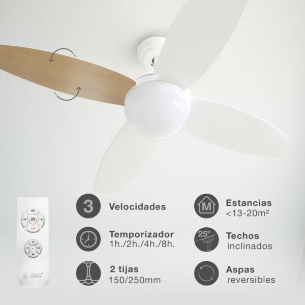 Ventilador techo Muna con luz CCT regulable y mando Ø106 4 aspas Blanco - Imagen 3