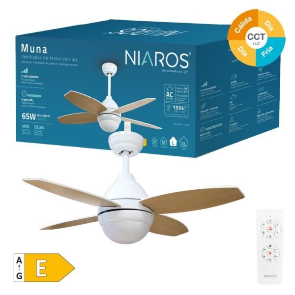 Ventilador techo Muna con luz CCT regulable y mando Ø91 4 aspas Blanco - Imagen 2