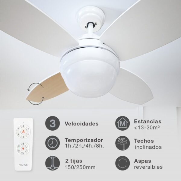 Ventilador techo Muna con luz CCT regulable y mando Ø91 4 aspas Blanco - Imagen 3