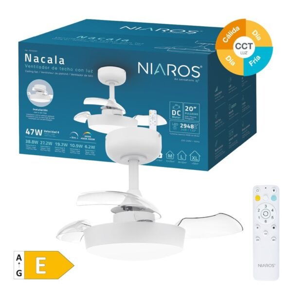 Ventilador techo Nacala con luz CCT regulable y mando Ø55 3 aspas retráctiles DC Blanco - Imagen 2