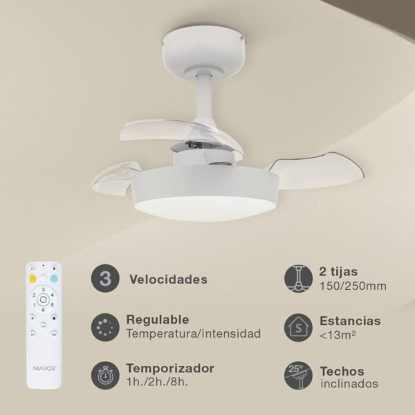 Ventilador techo Nacala con luz CCT regulable y mando Ø55 3 aspas retráctiles DC Blanco - Imagen 3