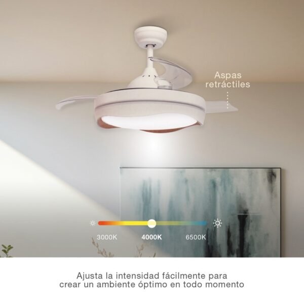 Ventilador techo Nicosia con luz CCT regulable y mando Ø107 3 aspas retráctiles DC Blanco - Imagen 2
