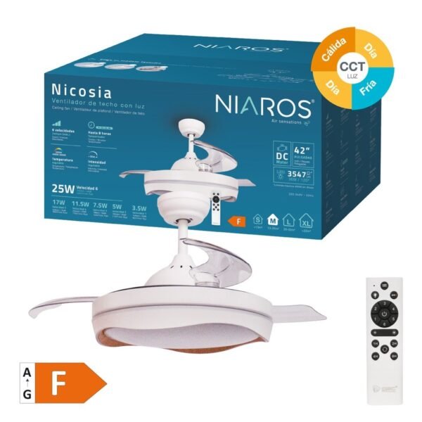 Ventilador techo Nicosia con luz CCT regulable y mando Ø107 3 aspas retráctiles DC Blanco - Imagen 8
