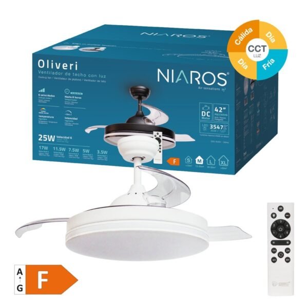 Ventilador techo Oliveri con luz CCT regulable y mando Ø107 3 aspas retráctiles DC Blanco - Imagen 2