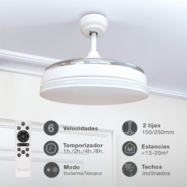 Ventilador techo Oliveri con luz CCT regulable y mando Ø107 3 aspas retráctiles DC Blanco - Imagen 3