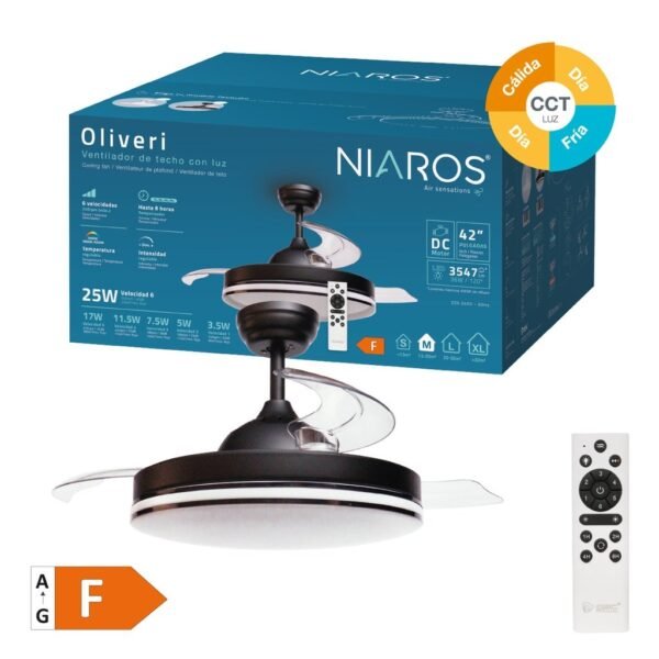 Ventilador techo Oliveri con luz CCT regulable y mando Ø107 3 aspas retráctiles DC Negro - Imagen 2