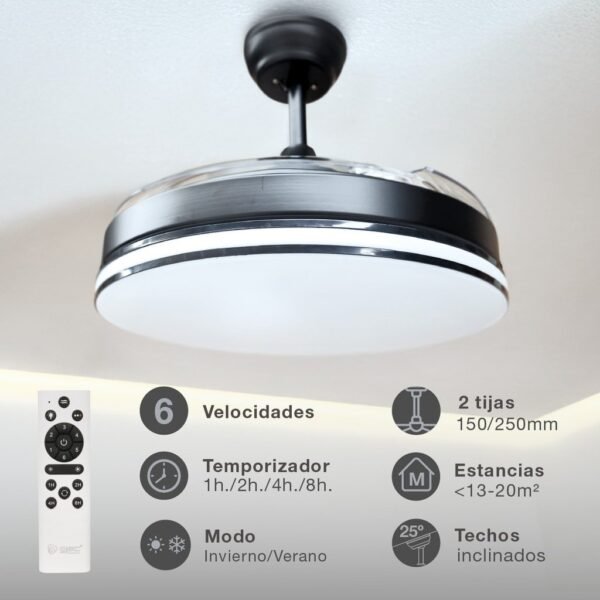 Ventilador techo Oliveri con luz CCT regulable y mando Ø107 3 aspas retráctiles DC Negro - Imagen 3