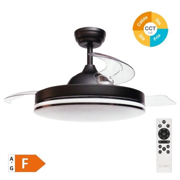 Ventilador techo Oliveri con luz CCT regulable y mando Ø107 3 aspas retráctiles DC Negro