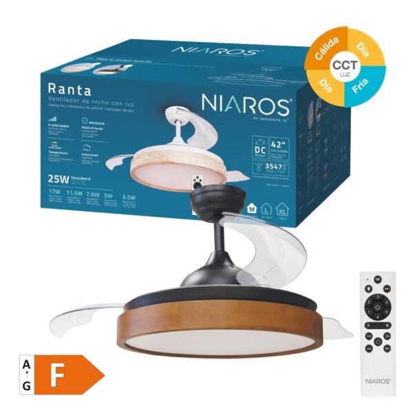 Ventilador techo Ranta con luz CCT regulable y mando Ø107 3 aspas retráctiles DC Negro - Imagen 2