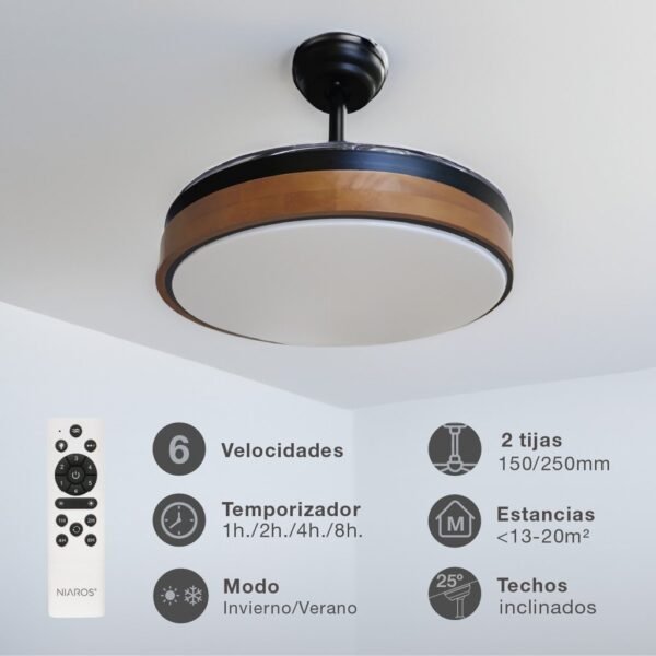 Ventilador techo Ranta con luz CCT regulable y mando Ø107 3 aspas retráctiles DC Negro - Imagen 3
