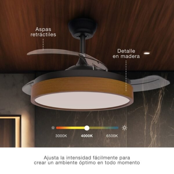 Ventilador techo Ranta con luz CCT regulable y mando Ø107 3 aspas retráctiles DC Negro - Imagen 4