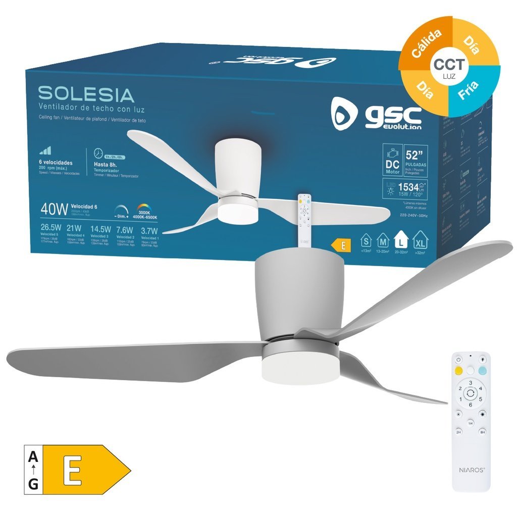 Ventilador techo Solesia con luz CCT regulable y mando Ø132 3 aspas DC Gris - Imagen 2