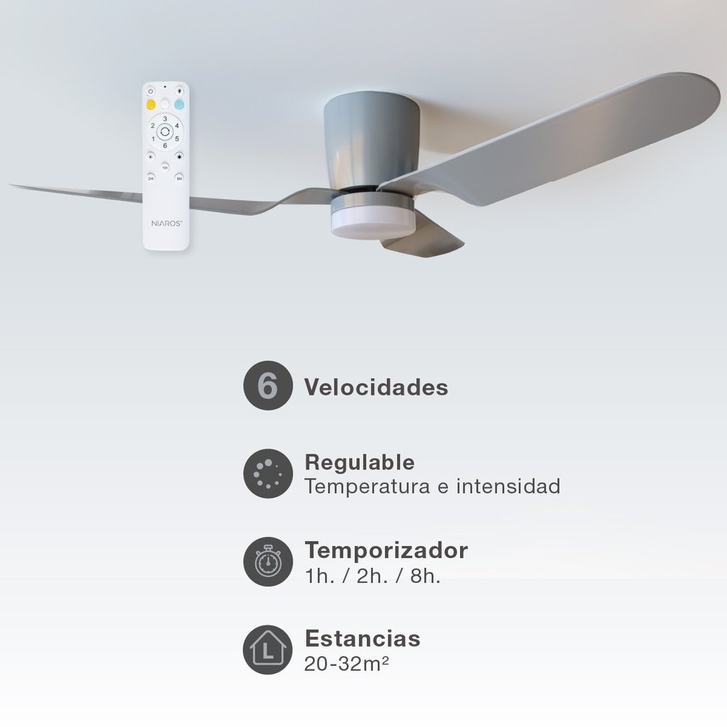 Ventilador techo Solesia con luz CCT regulable y mando Ø132 3 aspas DC Gris - Imagen 3