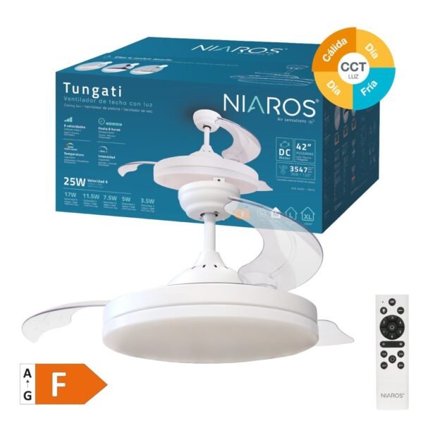 Ventilador techo Tungati con luz CCT regulable y mando Ø107 3 aspas retráctiles DC Blanco - Imagen 2