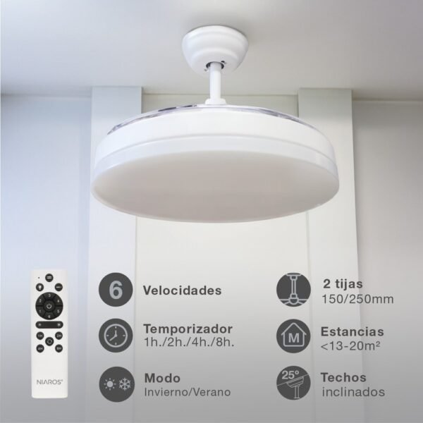 Ventilador techo Tungati con luz CCT regulable y mando Ø107 3 aspas retráctiles DC Blanco - Imagen 3