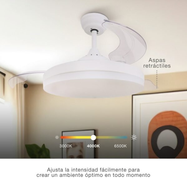 Ventilador techo Tungati con luz CCT regulable y mando Ø107 3 aspas retráctiles DC Blanco - Imagen 4