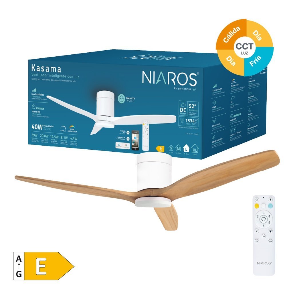 Ventilador techo inteligente Kasama con luz CCT regulable y mando Ø132 3 aspas DC Blanco - Imagen 2