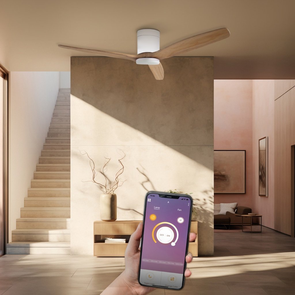 Ventilador techo inteligente Kasama con luz CCT regulable y mando Ø132 3 aspas DC Blanco - Imagen 7