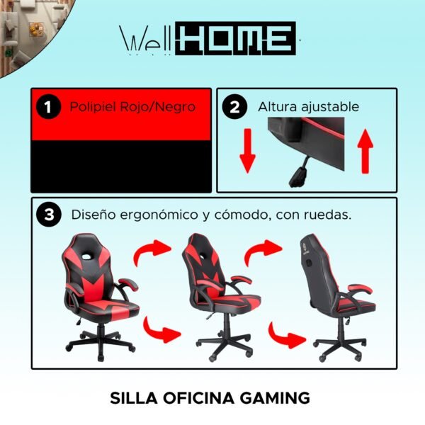 WELL HOME  Silla oficina Tipo Gaming Ergonómica Universal roja con reposabrazos y Regulable en altura - Imagen 4
