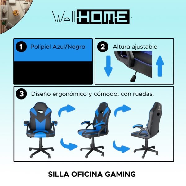 WELL HOME  Silla oficina Tipo Gaming Ergonómica Universal azul con reposabrazos y Regulable en altura - Imagen 4